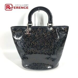 Chanel Perforated CC Coco Mark Handbag Tote Bag Black Vernis Leather